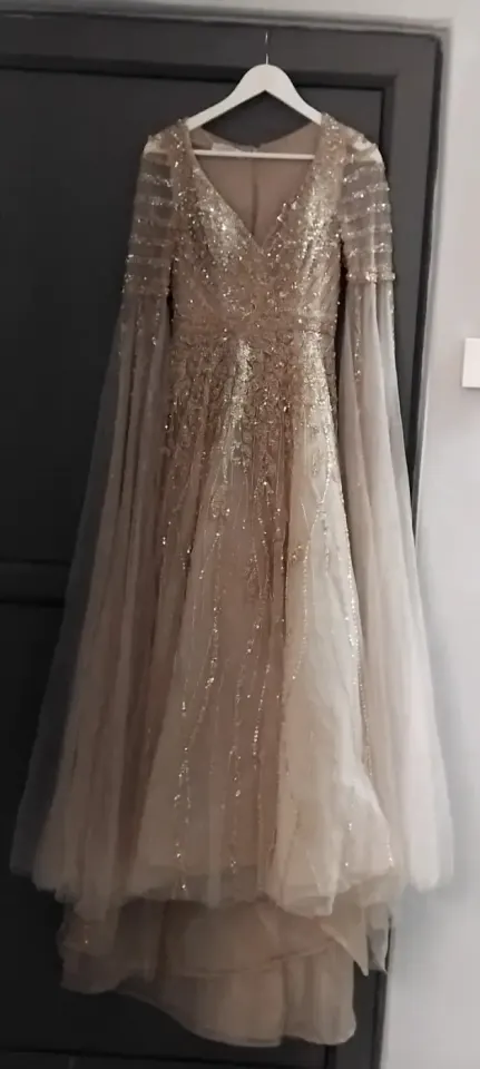 Elegant Gold Sequin Long Sleeve Evening Gown