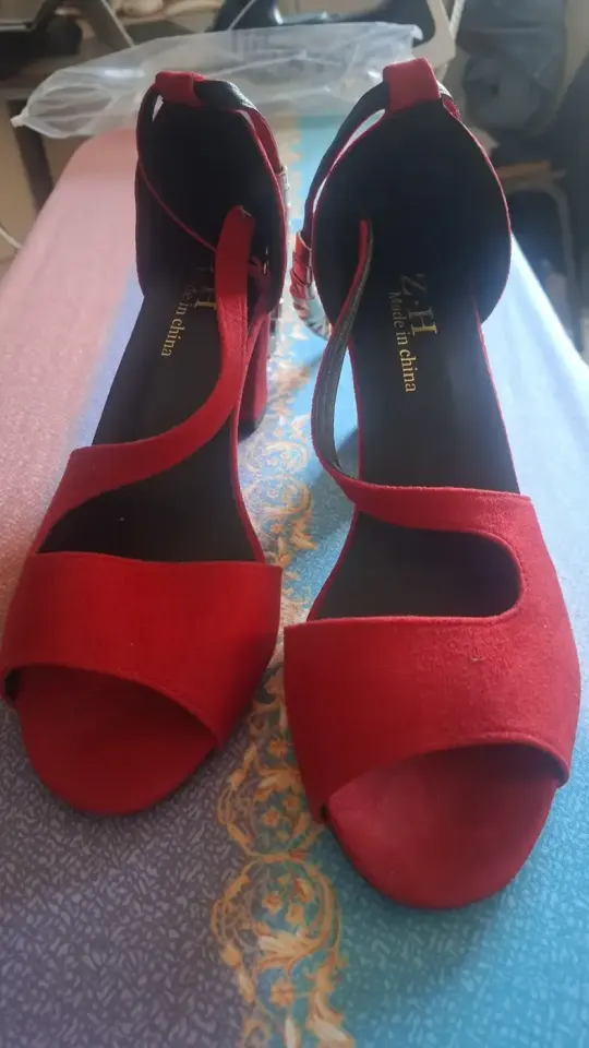 Red Suede Open-Toe Block Heel Sandals