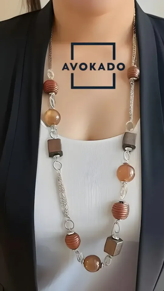 Long Collier de Perles Marron et Transparentes