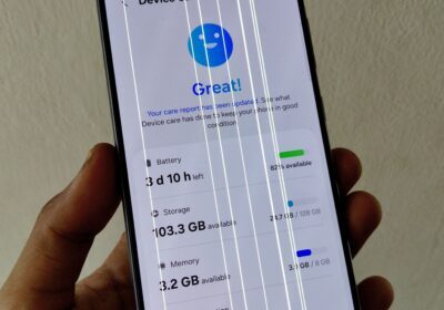 Samsung Galaxy S21 FE 5G in black, showing device health screen, with a clean design, large display, and modern slim bezels.