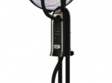 Fan with black blades and stand, compact and modern design, suitable for home or office use.