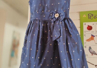 Cute Blue Polka Dot Girl Dress with Flower Belt