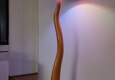 Elegant wooden smart lamp stand with colorful LED lighting, modern design, ideal for stylish home decor.