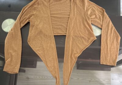Cashmere cardigan, camel color, open-front, women’s fashion.