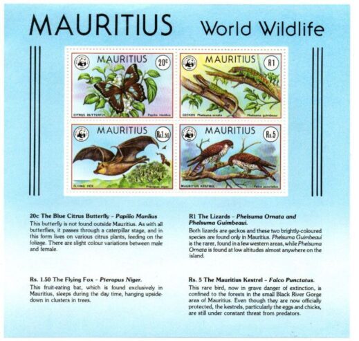 Miniature sheet WWF Mauritius stamps Birds/Endangered Species