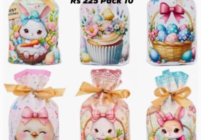 Colorful Easter drawstring gift bags with bunny and egg designs, ideal for festive celebrations.