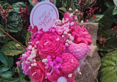 Mother’s Day floral bouquet with pink roses and mixed flowers