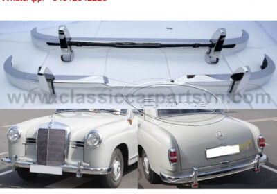 Mercedes-Benz classic car with chrome bumper, white color, vintage style, and a roof spoiler.