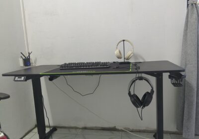 Gaming Desk with Headphones and Keyboard