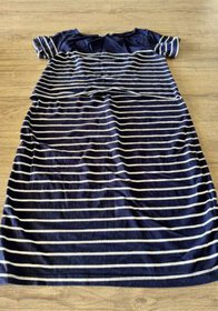Striped navy blue and white dress, casual style, short sleeves, suitable for summer wear.