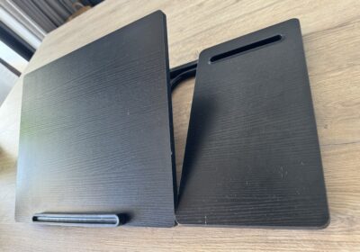Laptop Stand and Phone Holder in Black, Plastic, and Metal